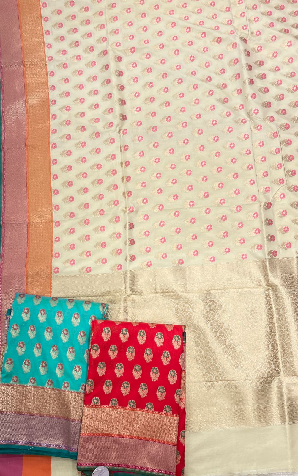Faishana Presents Off-white Katan Silk Floral Zari Mina Booti with Banarasi 2D Zari Border and Floral Pallu with Off-white Blouse