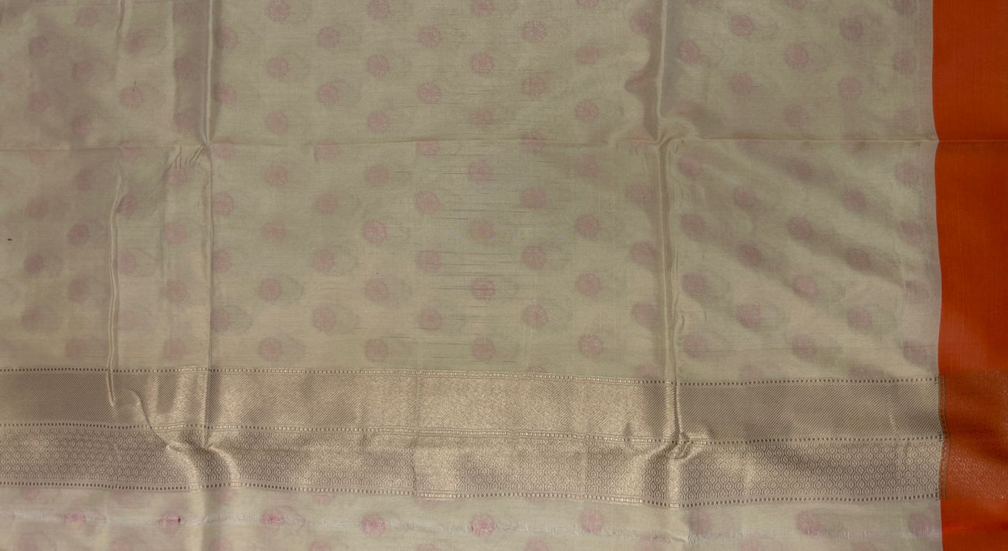 Faishana Presents Off-white Katan Silk Floral Zari Mina Booti with Banarasi 2D Zari Border and Floral Pallu with Off-white Blouse