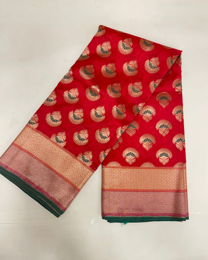 Faishana Presents Red Katan Silk Floral Zari Minakari Booti with Banarasi 2D Zari Border and Floral Pallu with Red Blouse