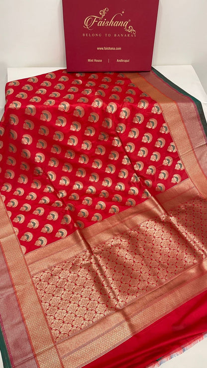 Faishana Presents Red Katan Silk Floral Zari Minakari Booti with Banarasi 2D Zari Border and Floral Pallu with Red Blouse