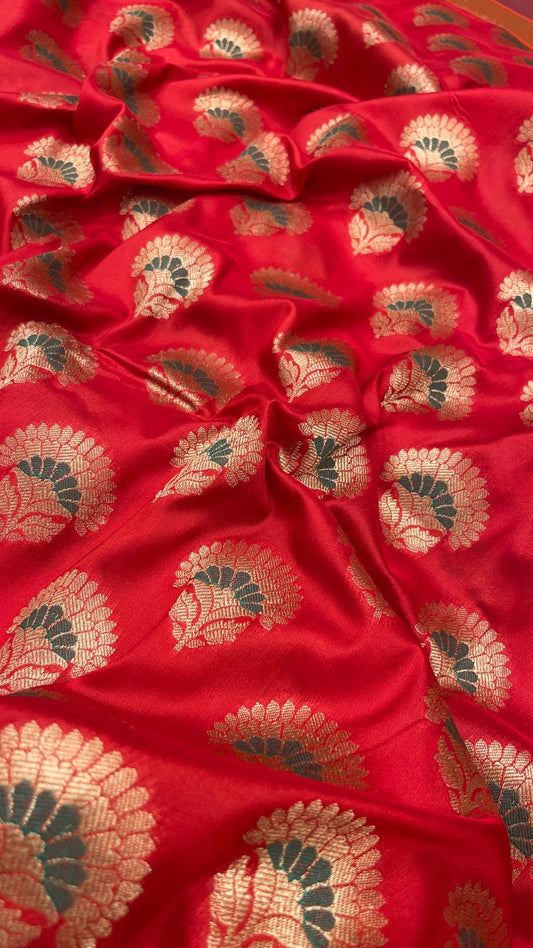Faishana Presents Red Katan Silk Floral Zari Minakari Booti with Banarasi 2D Zari Border and Floral Pallu with Red Blouse