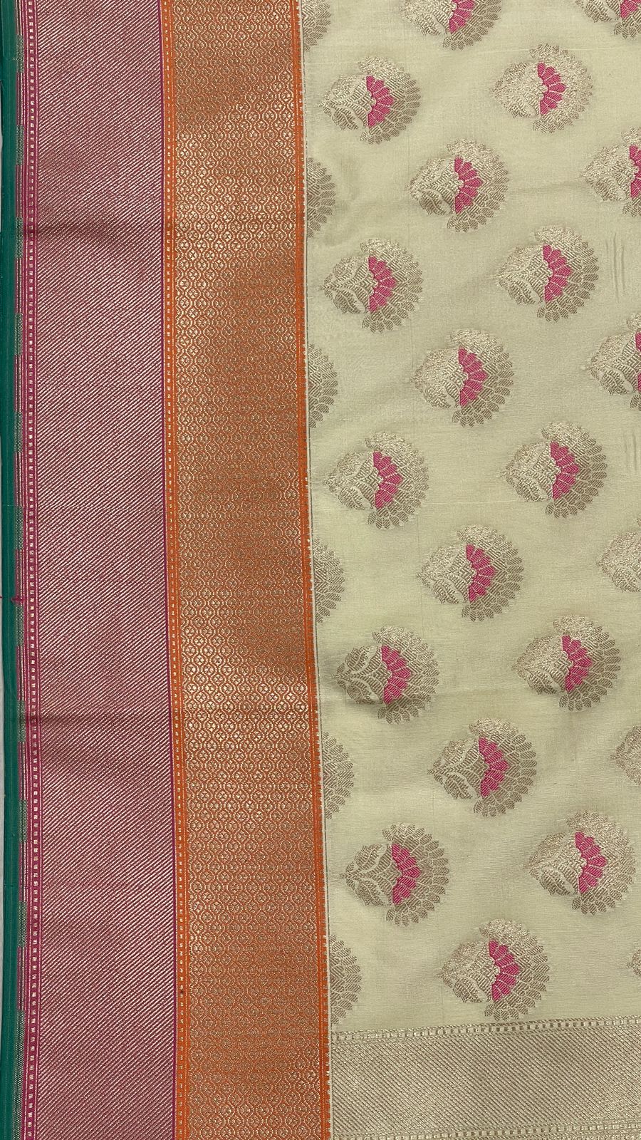 Faishana Presents Off-white Katan Silk Floral Zari Minakari Booti with Banarasi 2D Zari Border and Floral Pallu with Off-white Blouse