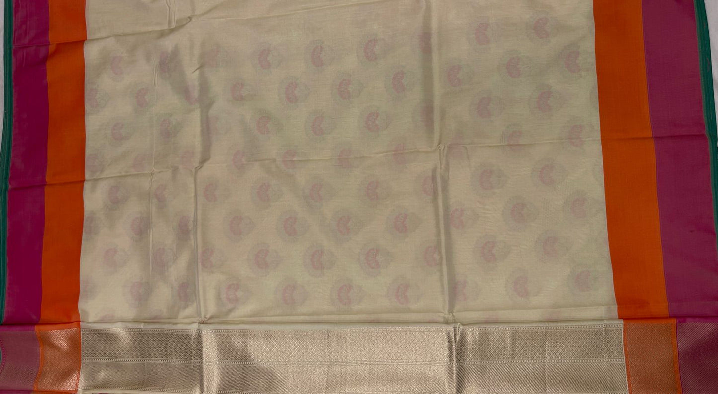 Faishana Presents Off-white Katan Silk Floral Zari Minakari Booti with Banarasi 2D Zari Border and Floral Pallu with Off-white Blouse
