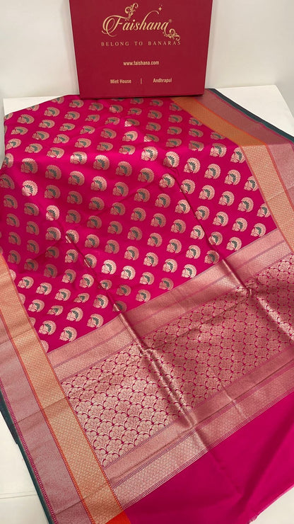 Faishana Presents Magenta Katan Silk Floral Zari Minakari Booti with Banarasi 2D Zari Border and Floral Pallu with Magenta Blouse