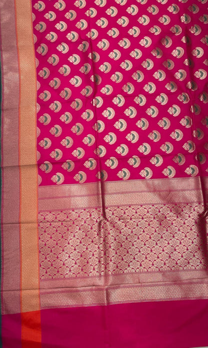 Faishana Presents Magenta Katan Silk Floral Zari Minakari Booti with Banarasi 2D Zari Border and Floral Pallu with Magenta Blouse