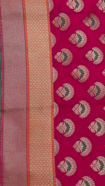 Faishana Presents Magenta Katan Silk Floral Zari Minakari Booti with Banarasi 2D Zari Border and Floral Pallu with Magenta Blouse