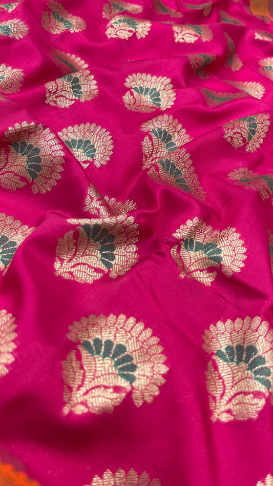 Faishana Presents Magenta Katan Silk Floral Zari Minakari Booti with Banarasi 2D Zari Border and Floral Pallu with Magenta Blouse