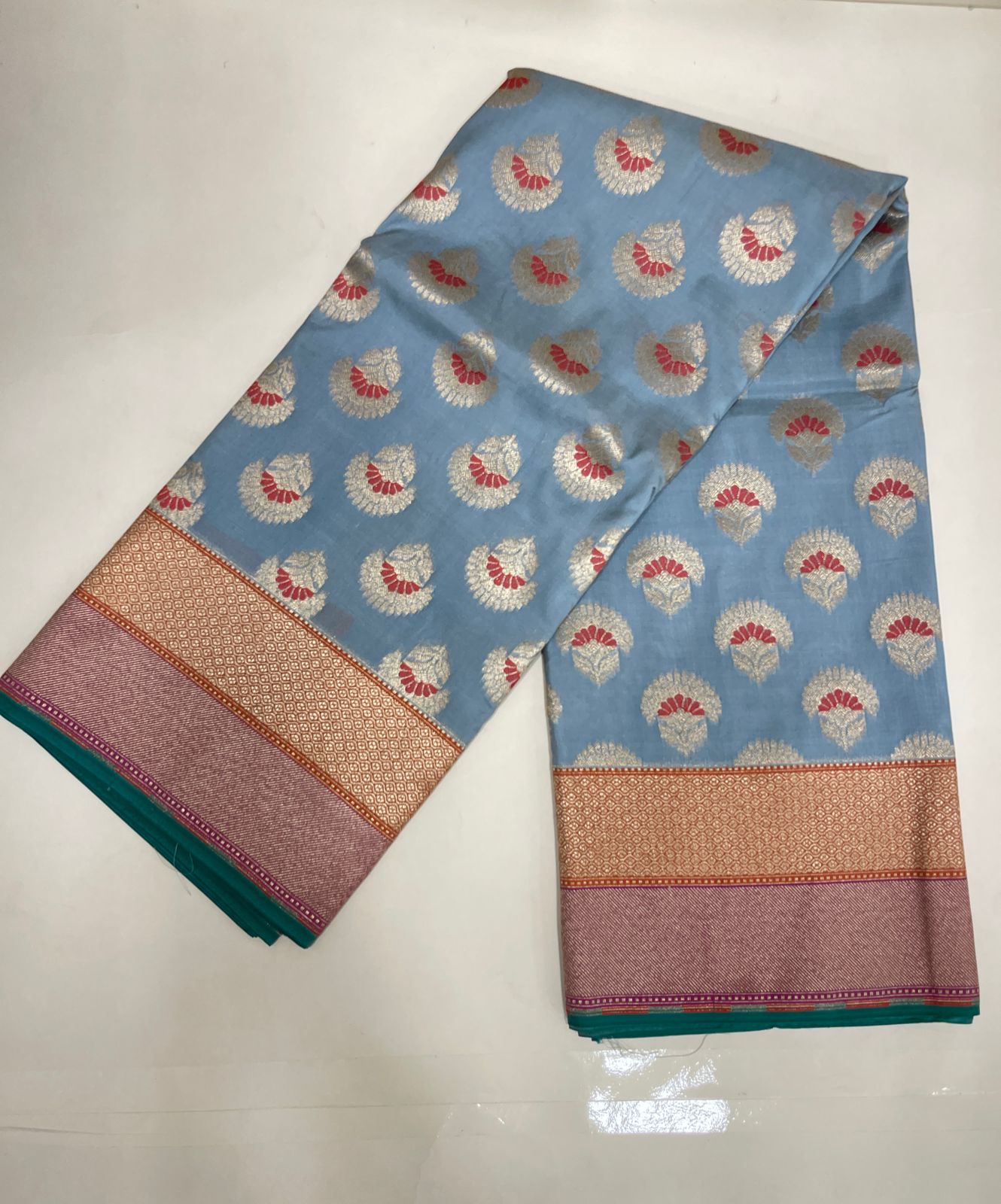 Faishana Presents Light Blue Katan Silk Floral Zari Minakari Booti with Banarasi 2D Zari Border and Floral Pallu with Light Blue Blouse