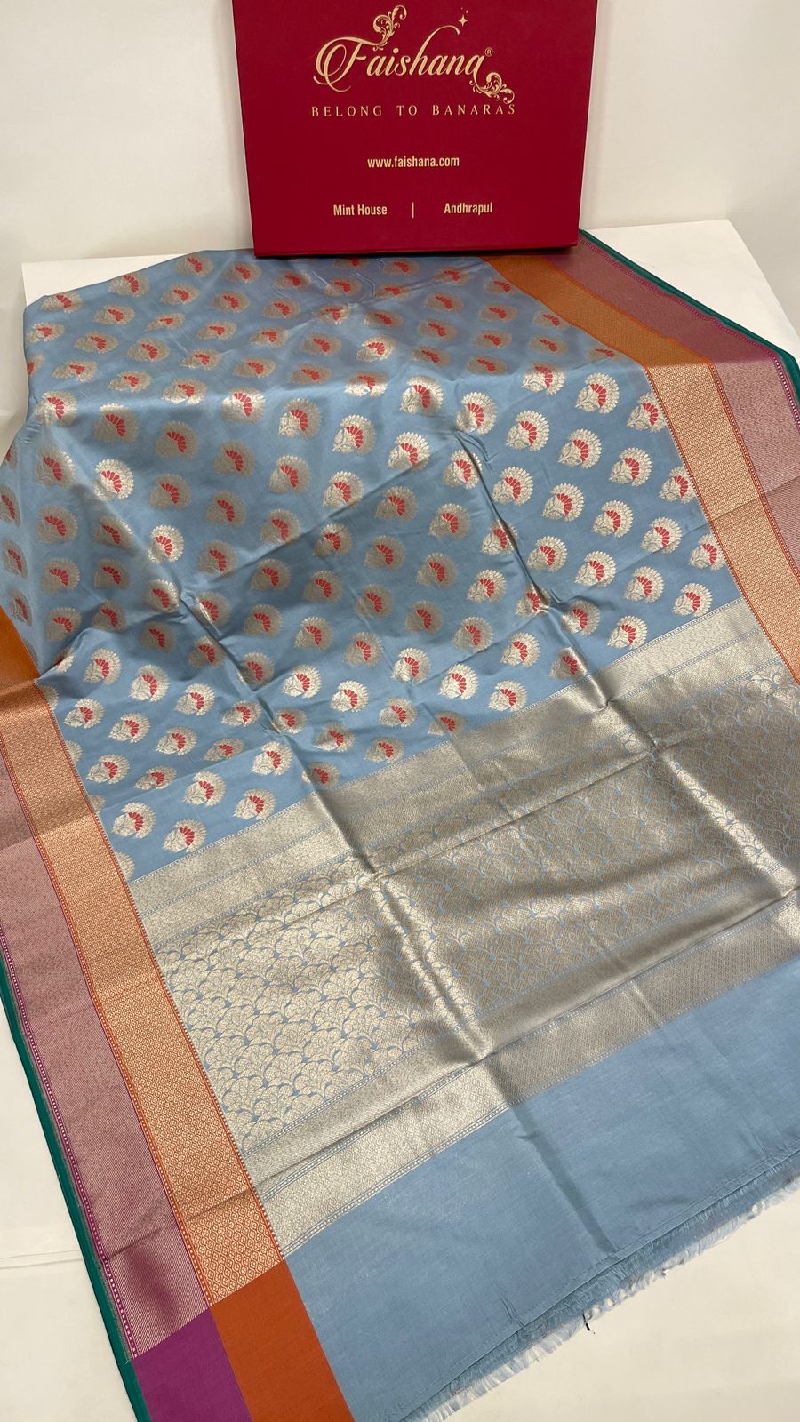 Faishana Presents Light Blue Katan Silk Floral Zari Minakari Booti with Banarasi 2D Zari Border and Floral Pallu with Light Blue Blouse