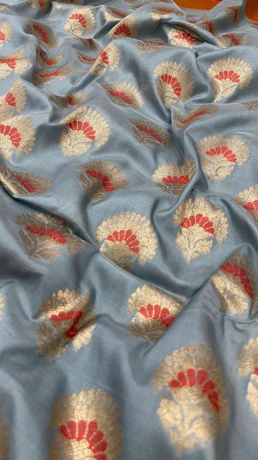Faishana Presents Light Blue Katan Silk Floral Zari Minakari Booti with Banarasi 2D Zari Border and Floral Pallu with Light Blue Blouse