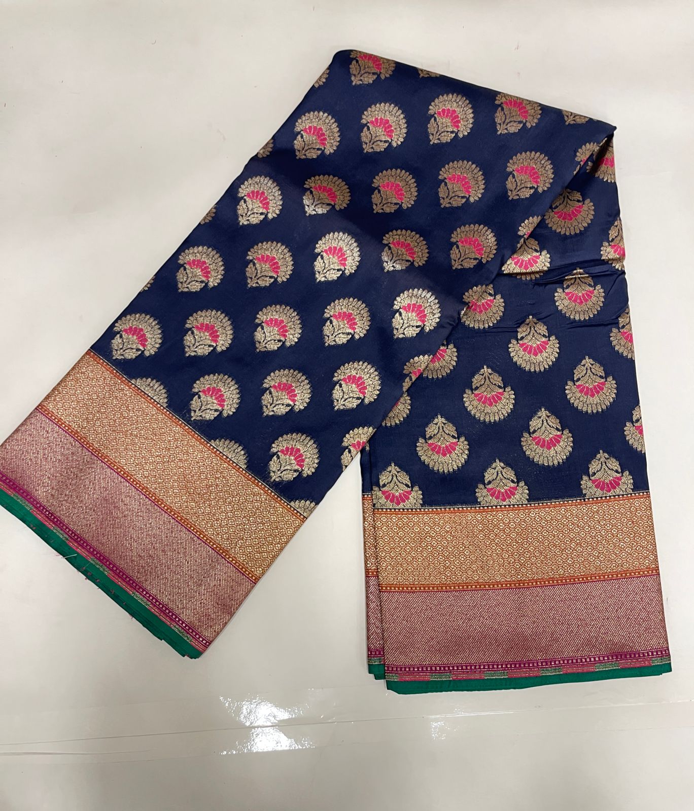 Faishana Presents Navy Blue Katan Silk Floral Zari Minakari Booti with Banarasi 2D Zari Border and Floral Pallu with Navy Blue Blouse