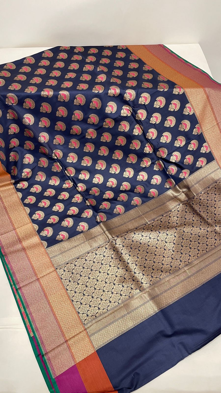 Faishana Presents Navy Blue Katan Silk Floral Zari Minakari Booti with Banarasi 2D Zari Border and Floral Pallu with Navy Blue Blouse