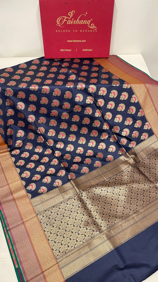 Faishana Presents Navy Blue Katan Silk Floral Zari Minakari Booti with Banarasi 2D Zari Border and Floral Pallu with Navy Blue Blouse