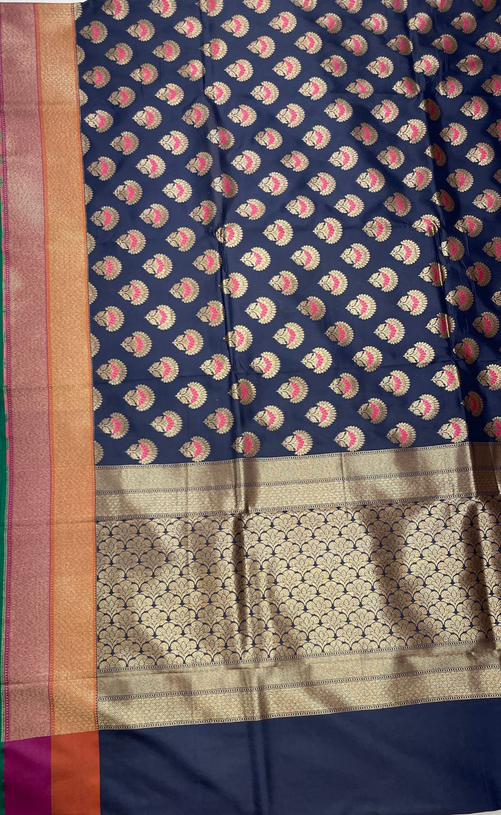 Faishana Presents Navy Blue Katan Silk Floral Zari Minakari Booti with Banarasi 2D Zari Border and Floral Pallu with Navy Blue Blouse