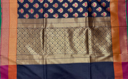 Faishana Presents Navy Blue Katan Silk Floral Zari Minakari Booti with Banarasi 2D Zari Border and Floral Pallu with Navy Blue Blouse