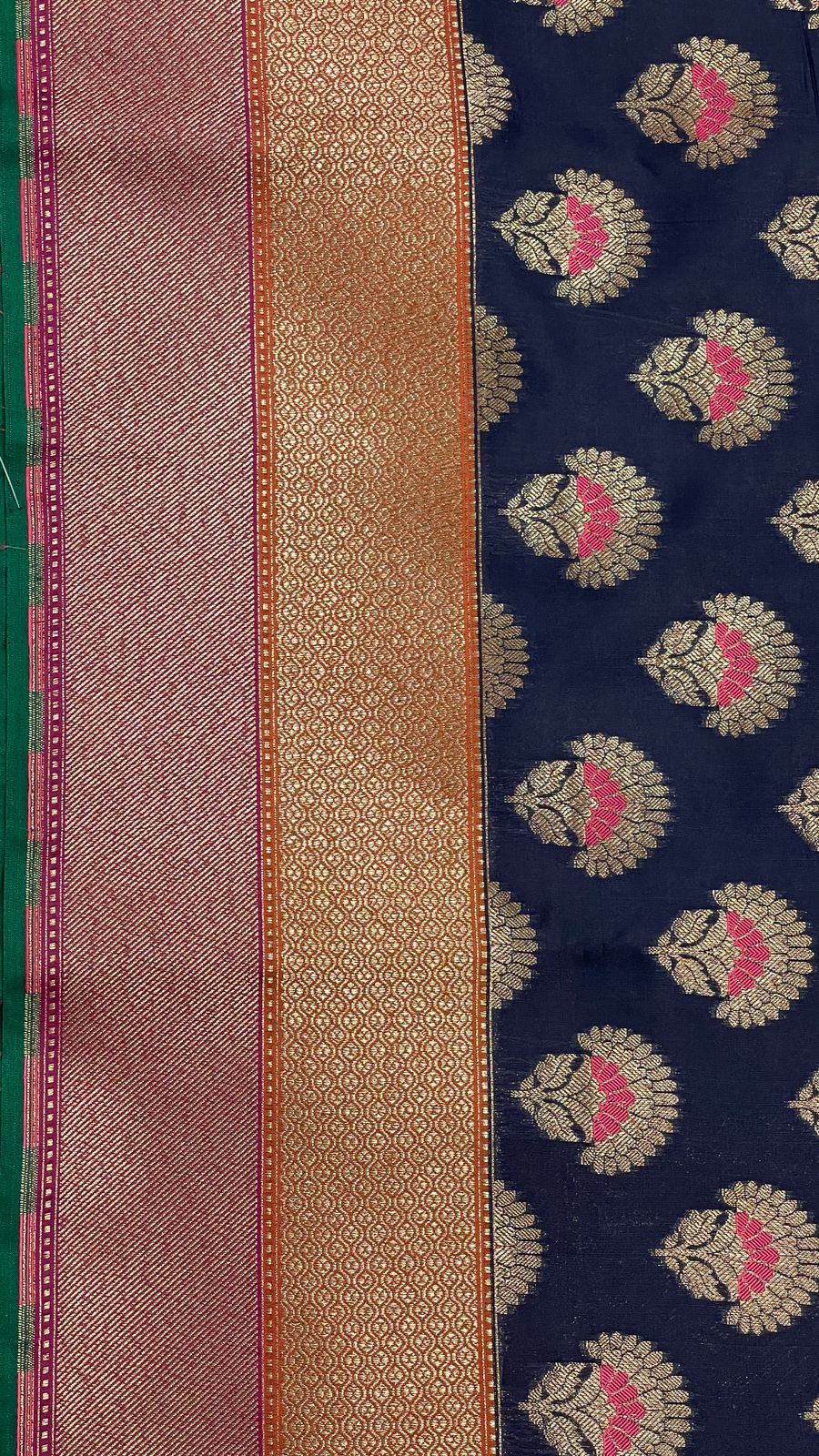Faishana Presents Navy Blue Katan Silk Floral Zari Minakari Booti with Banarasi 2D Zari Border and Floral Pallu with Navy Blue Blouse