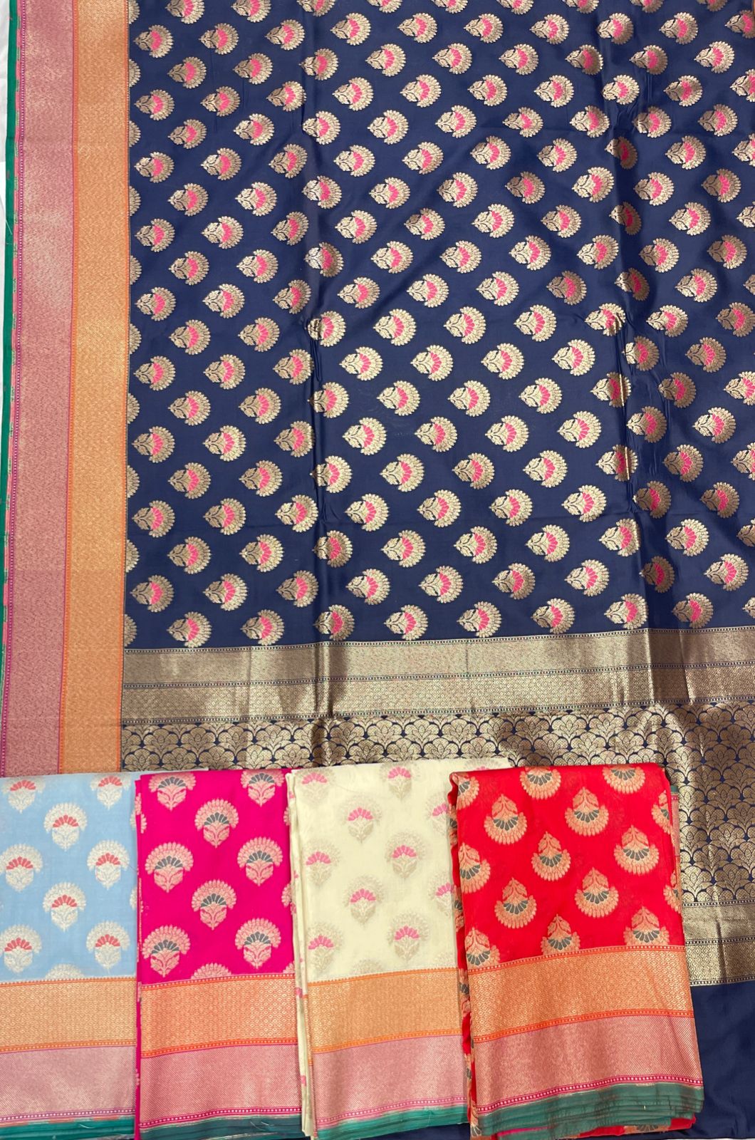 Faishana Presents Navy Blue Katan Silk Floral Zari Minakari Booti with Banarasi 2D Zari Border and Floral Pallu with Navy Blue Blouse