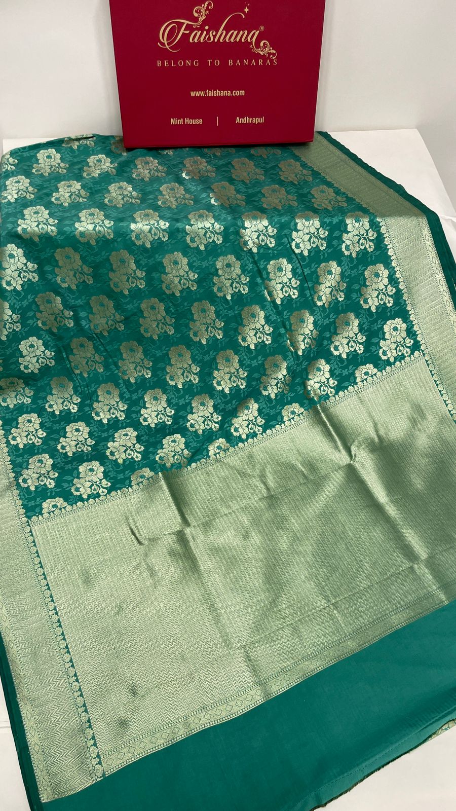 Faishana Presents Sea Green Katan Silk Golden Zari Floral Tilfi Boota with Banarasi Zari Border and Sea Green Blouse