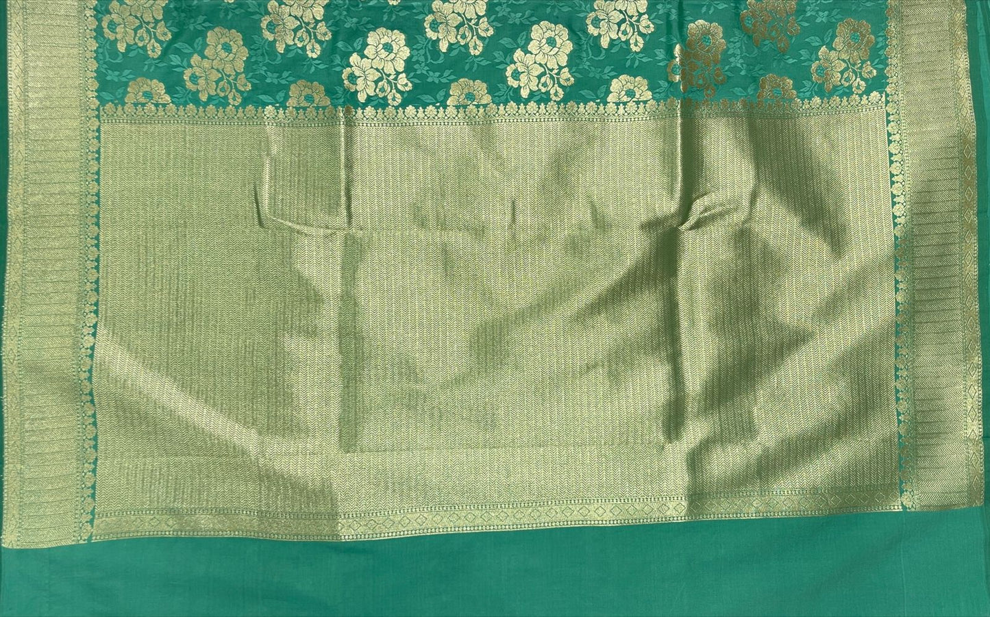 Faishana Presents Sea Green Katan Silk Golden Zari Floral Tilfi Boota with Banarasi Zari Border and Sea Green Blouse