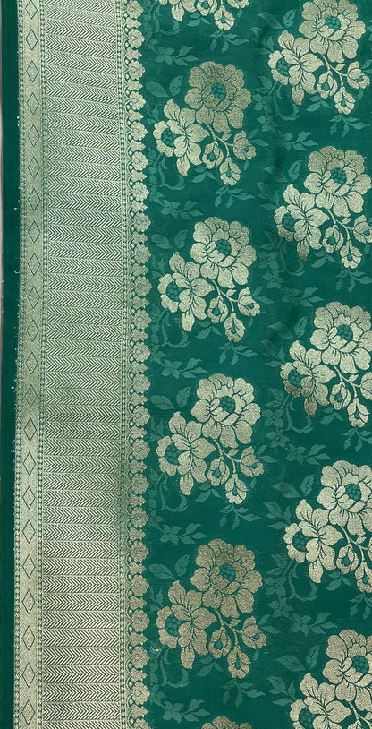 Faishana Presents Sea Green Katan Silk Golden Zari Floral Tilfi Boota with Banarasi Zari Border and Sea Green Blouse
