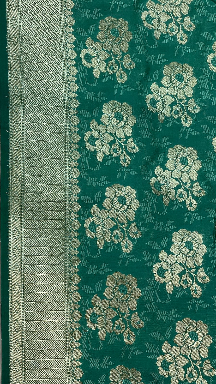Faishana Presents Sea Green Katan Silk Golden Zari Floral Tilfi Boota with Banarasi Zari Border and Sea Green Blouse
