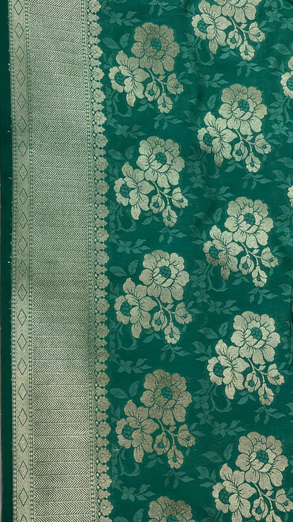 Faishana Presents Sea Green Katan Silk Golden Zari Floral Tilfi Boota with Banarasi Zari Border and Sea Green Blouse