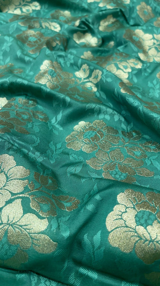 Faishana Presents Sea Green Katan Silk Golden Zari Floral Tilfi Boota with Banarasi Zari Border and Sea Green Blouse