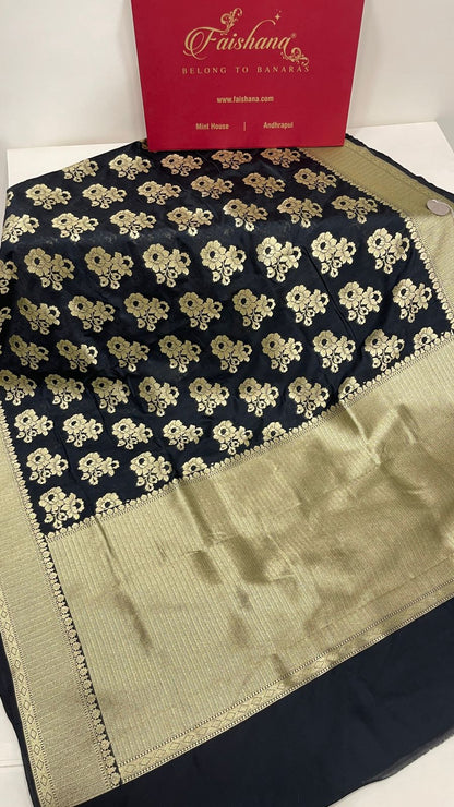 Faishana Presents Black Katan Silk Golden Zari Floral Tilfi Boota with Banarasi Zari Border and Black Blouse