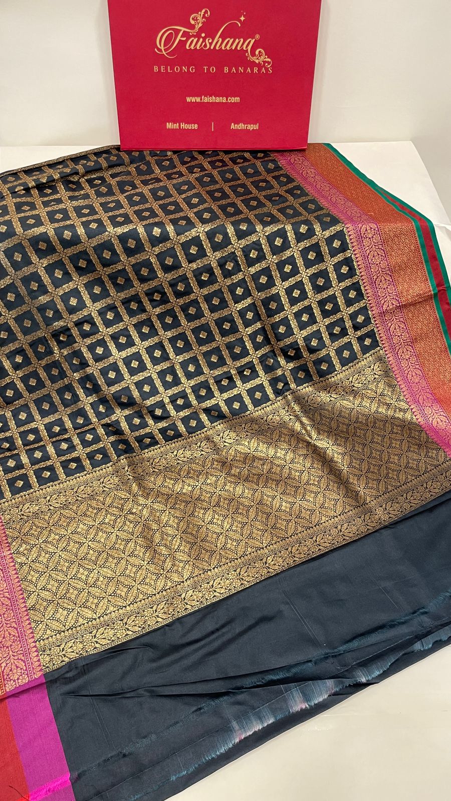 Faishana Presents Black Katan Silk Golden Zari Checkered Dot Booti with Dual Shade Zari Border and Black Blouse