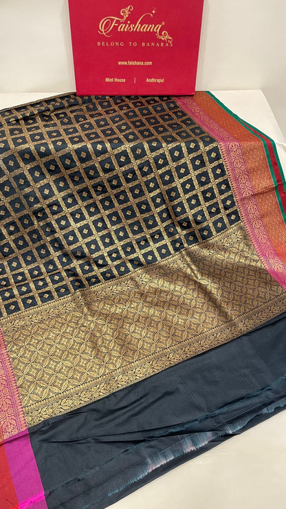 Faishana Presents Black Katan Silk Golden Zari Checkered Dot Booti with Dual Shade Zari Border and Black Blouse
