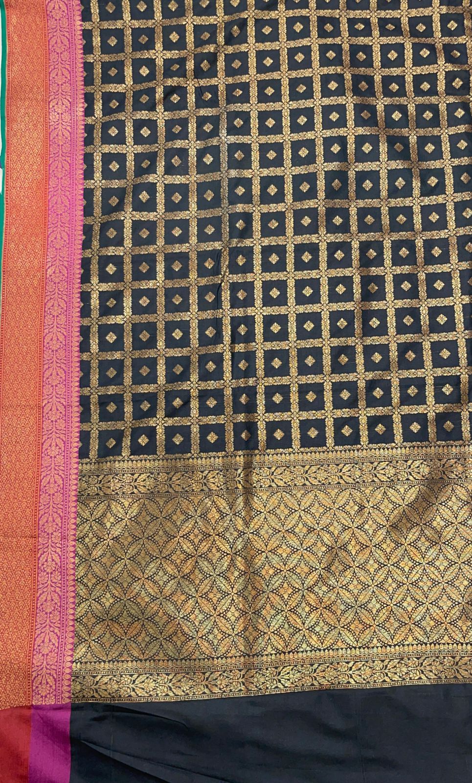 Faishana Presents Black Katan Silk Golden Zari Checkered Dot Booti with Dual Shade Zari Border and Black Blouse
