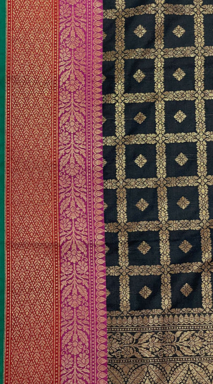 Faishana Presents Black Katan Silk Golden Zari Checkered Dot Booti with Dual Shade Zari Border and Black Blouse