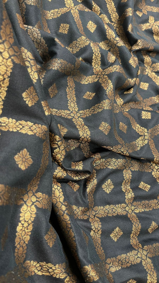 Faishana Presents Black Katan Silk Golden Zari Checkered Dot Booti with Dual Shade Zari Border and Black Blouse