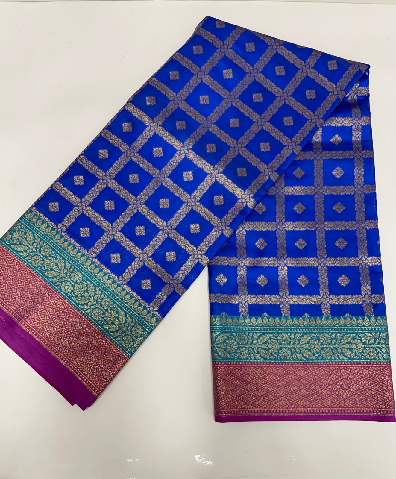 Faishana Presents Royal Blue Katan Silk Golden Zari Checkered Booti with Dual Shade Zari Border and Blue Blouse