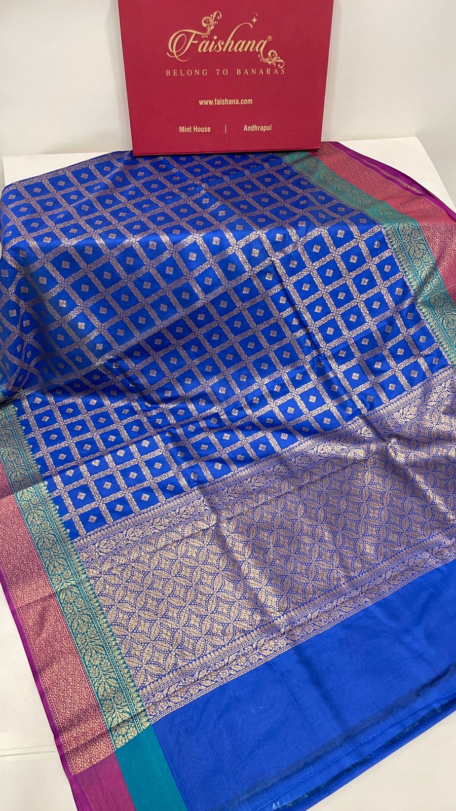 Faishana Presents Royal Blue Katan Silk Golden Zari Checkered Booti with Dual Shade Zari Border and Blue Blouse