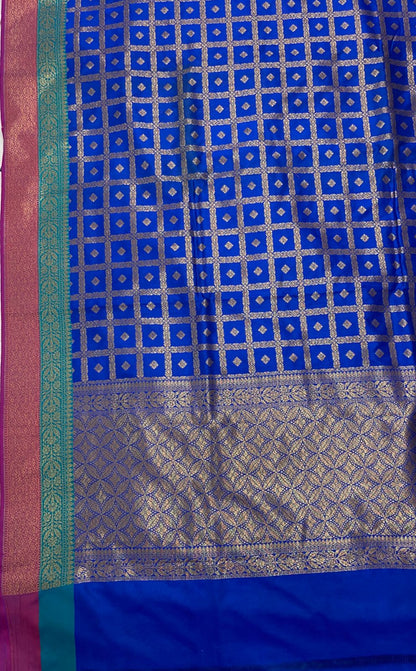 Faishana Presents Royal Blue Katan Silk Golden Zari Checkered Booti with Dual Shade Zari Border and Blue Blouse