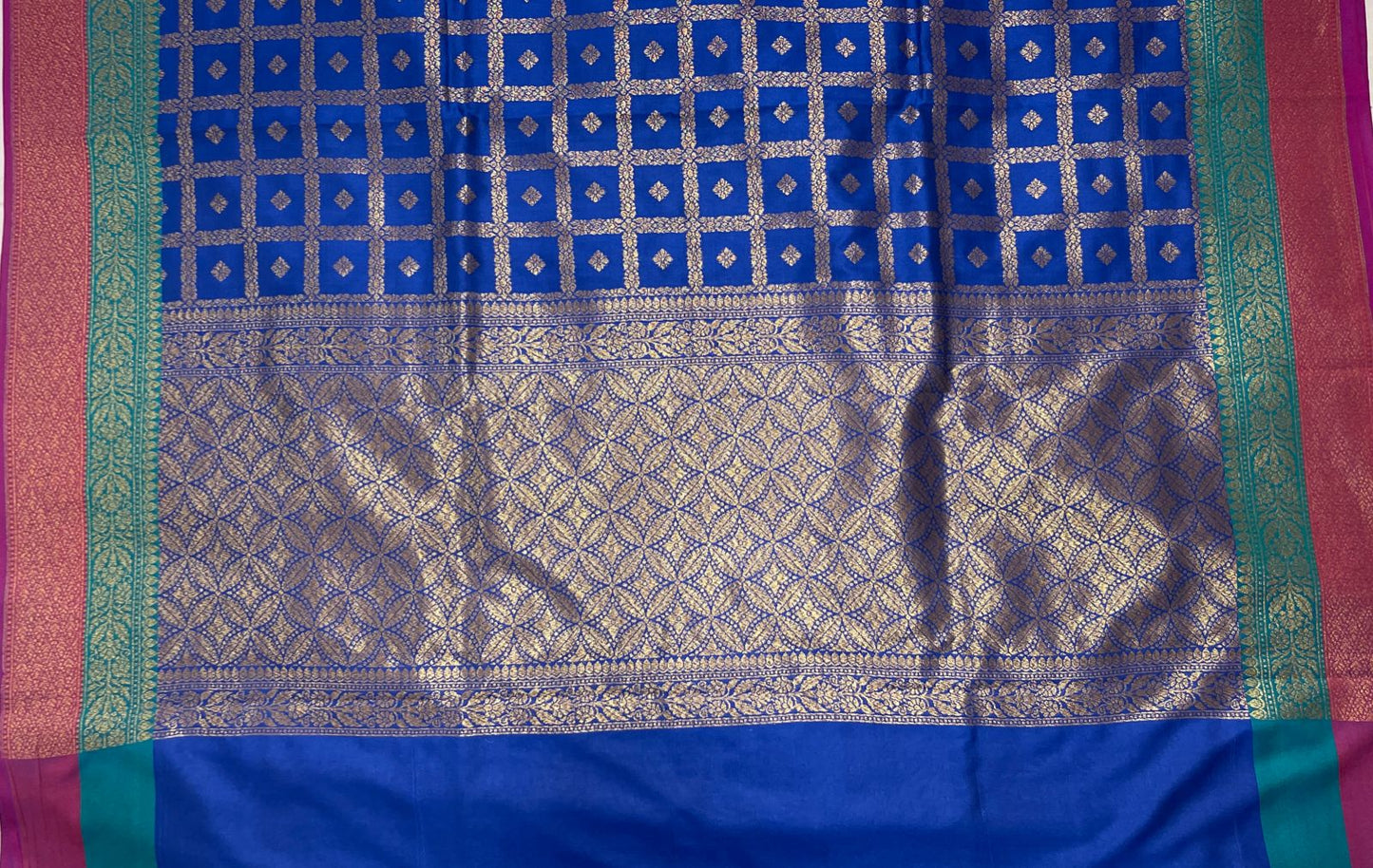 Faishana Presents Royal Blue Katan Silk Golden Zari Checkered Booti with Dual Shade Zari Border and Blue Blouse