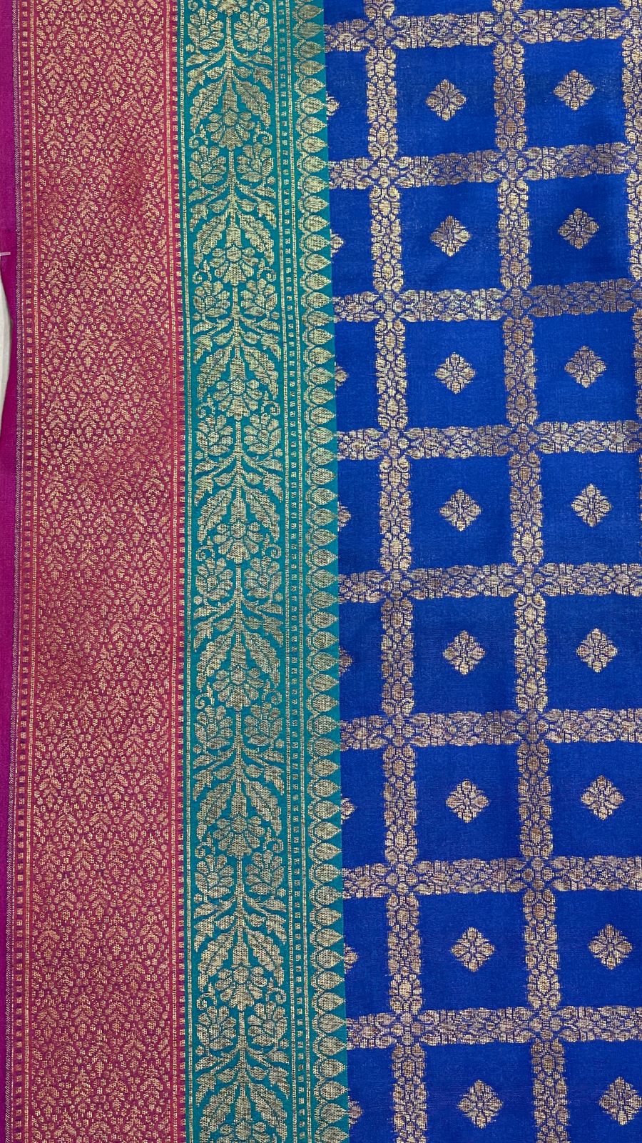 Faishana Presents Royal Blue Katan Silk Golden Zari Checkered Booti with Dual Shade Zari Border and Blue Blouse