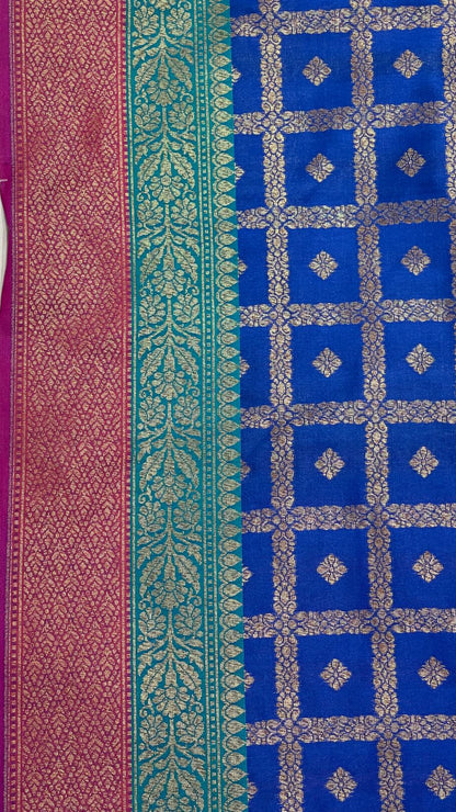 Faishana Presents Royal Blue Katan Silk Golden Zari Checkered Booti with Dual Shade Zari Border and Blue Blouse