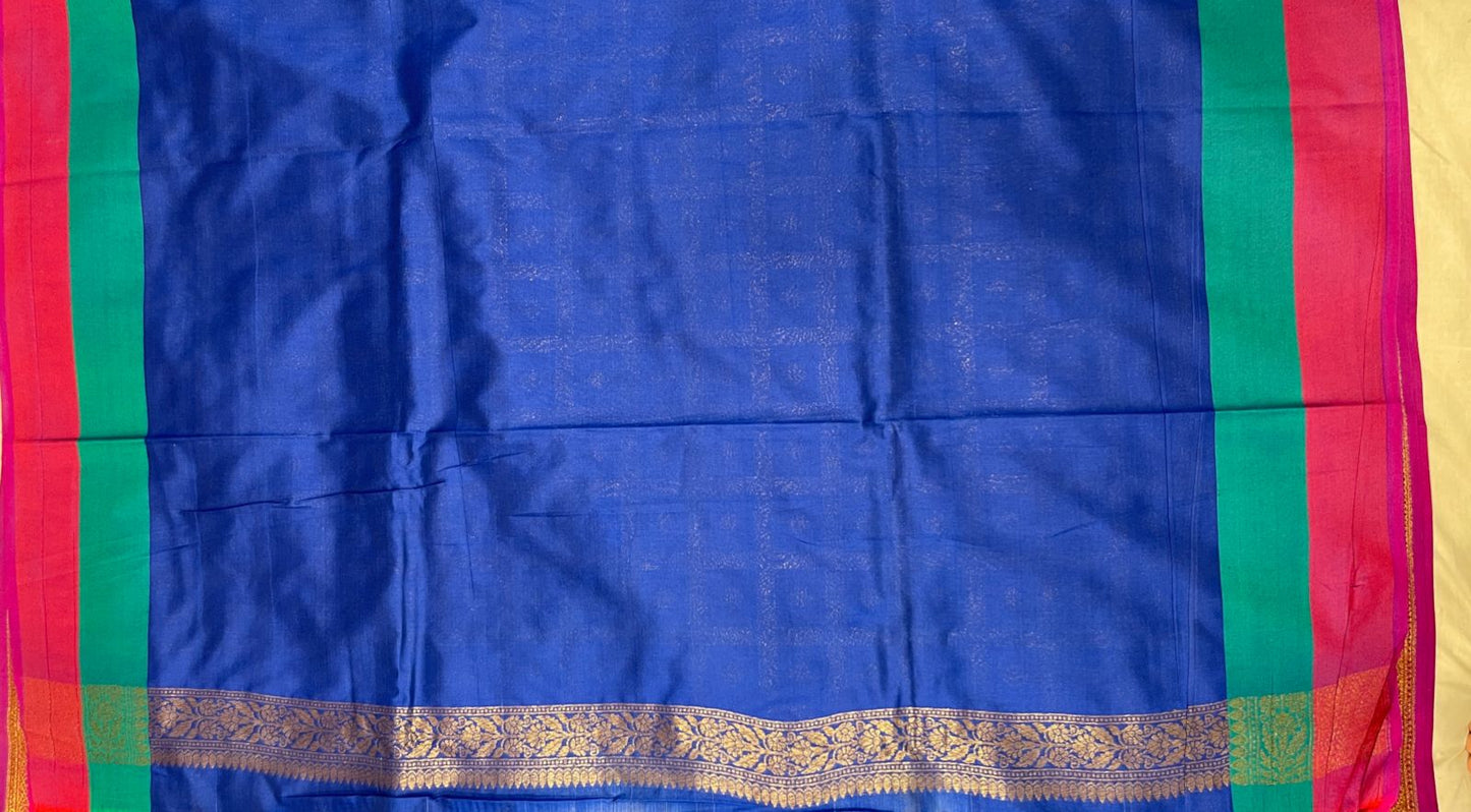 Faishana Presents Royal Blue Katan Silk Golden Zari Checkered Booti with Dual Shade Zari Border and Blue Blouse