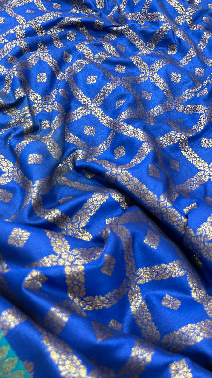 Faishana Presents Royal Blue Katan Silk Golden Zari Checkered Booti with Dual Shade Zari Border and Blue Blouse