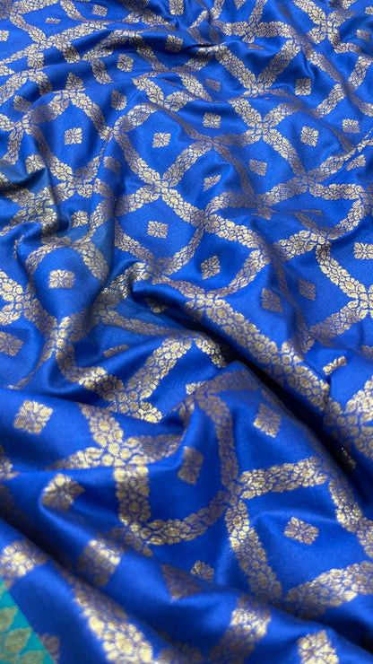 Faishana Presents Royal Blue Katan Silk Golden Zari Checkered Booti with Dual Shade Zari Border and Blue Blouse