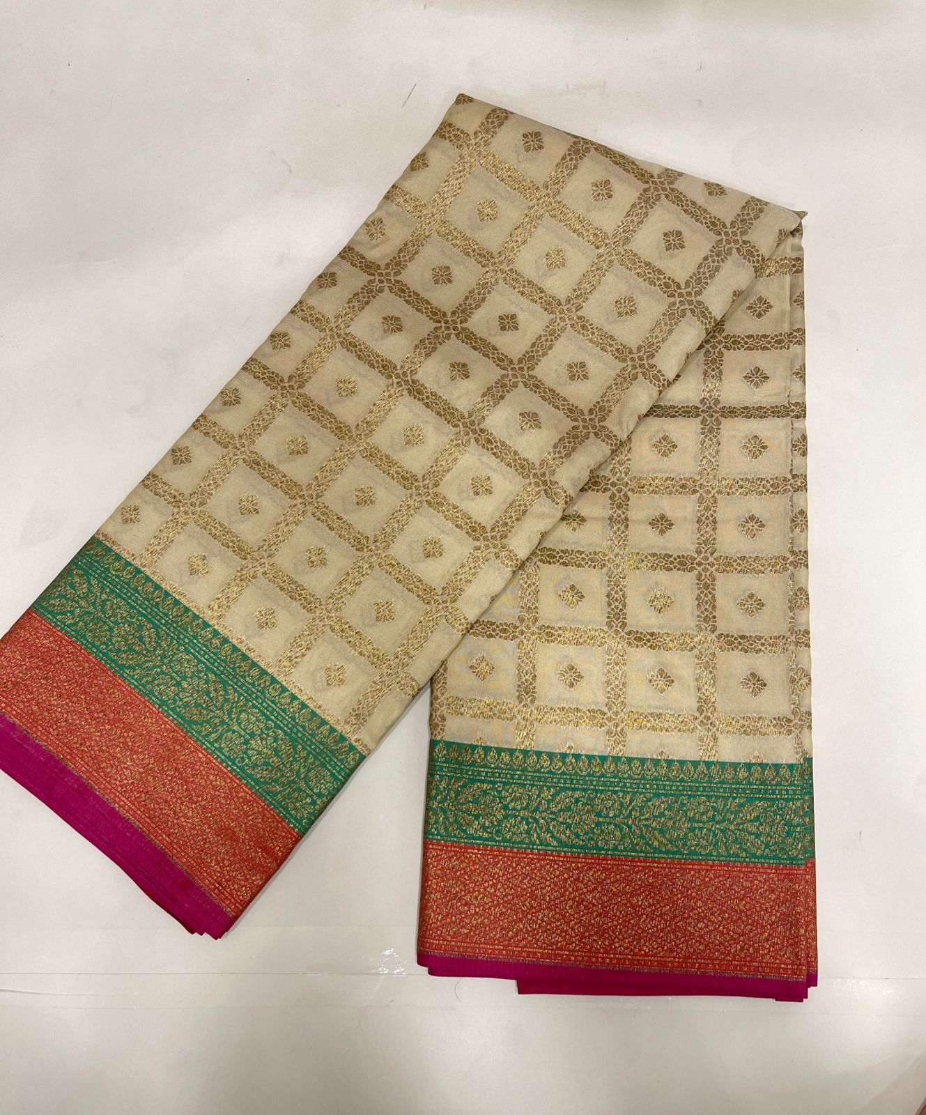 Faishana Presents Off-white Katan Silk Golden Zari Checkered Booti with Dual Shade Zari Border and Off-white Blouse