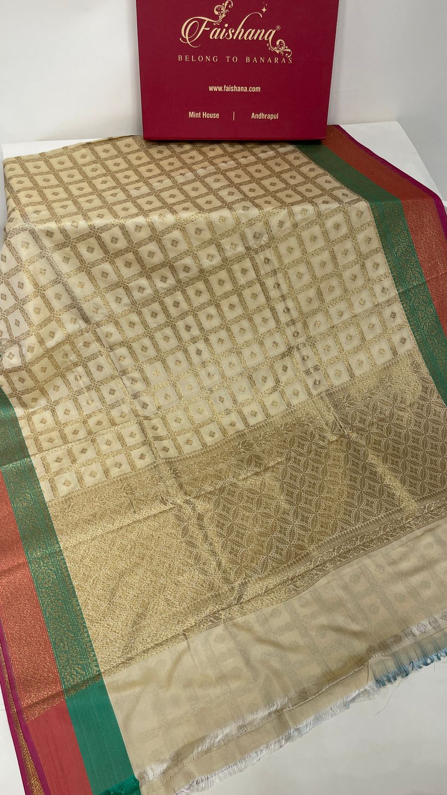 Faishana Presents Off-white Katan Silk Golden Zari Checkered Booti with Dual Shade Zari Border and Off-white Blouse