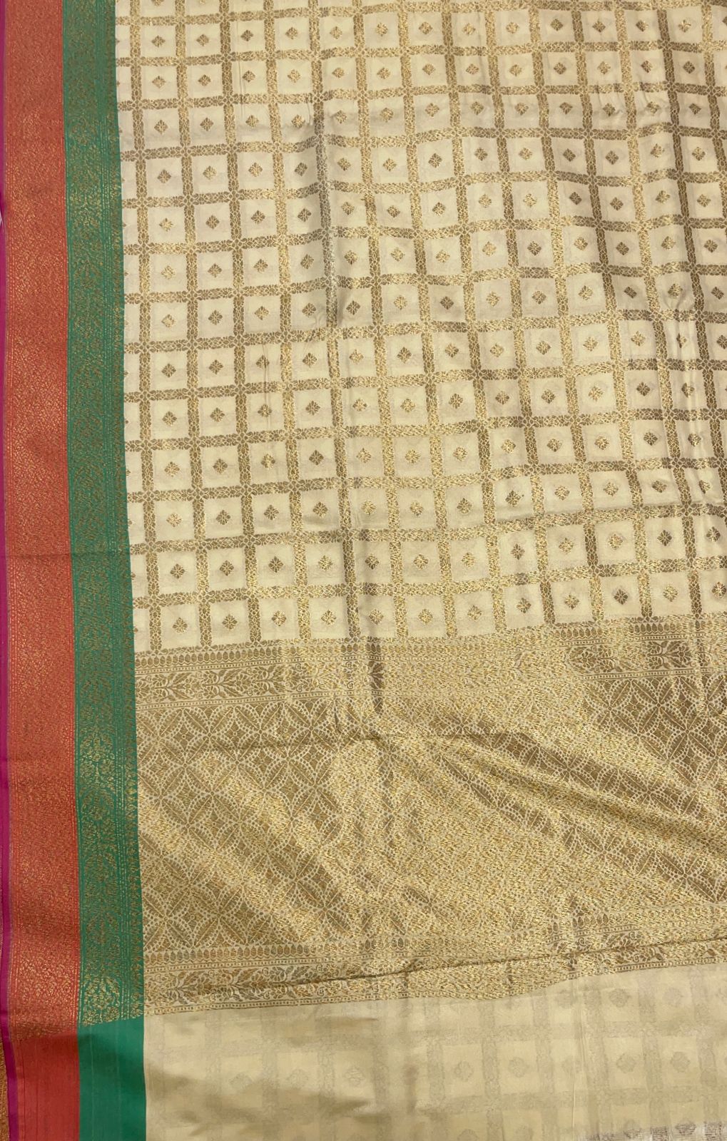 Faishana Presents Off-white Katan Silk Golden Zari Checkered Booti with Dual Shade Zari Border and Off-white Blouse