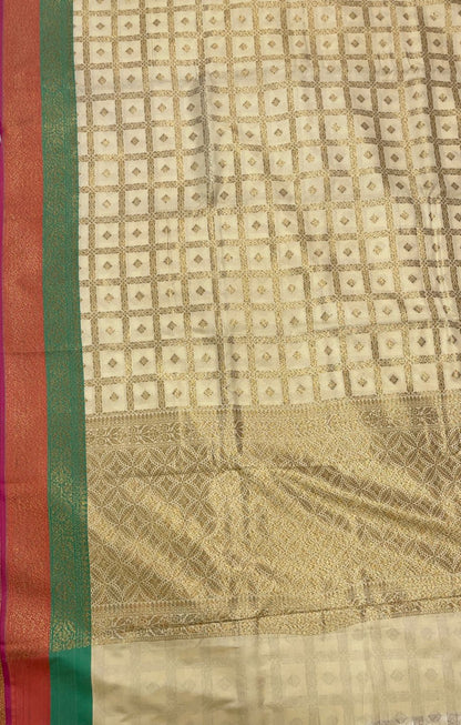 Faishana Presents Off-white Katan Silk Golden Zari Checkered Booti with Dual Shade Zari Border and Off-white Blouse