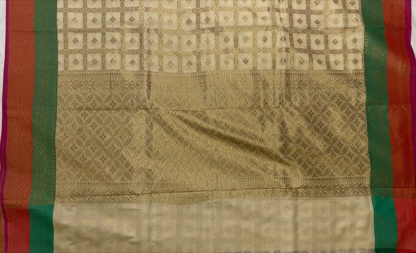 Faishana Presents Off-white Katan Silk Golden Zari Checkered Booti with Dual Shade Zari Border and Off-white Blouse