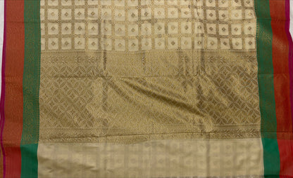 Faishana Presents Off-white Katan Silk Golden Zari Checkered Booti with Dual Shade Zari Border and Off-white Blouse