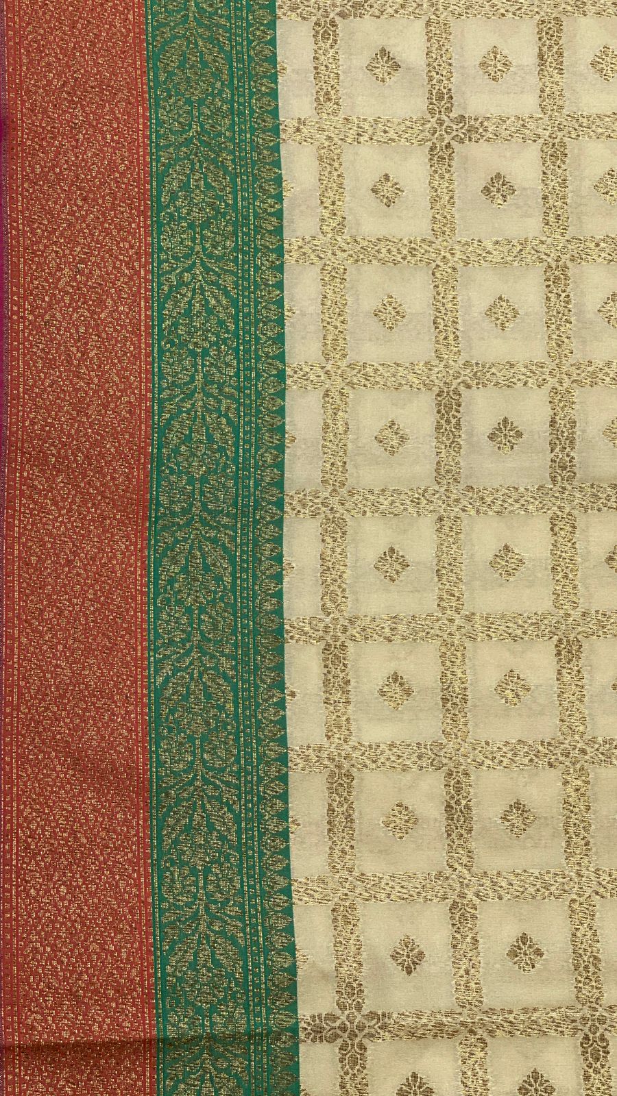 Faishana Presents Off-white Katan Silk Golden Zari Checkered Booti with Dual Shade Zari Border and Off-white Blouse