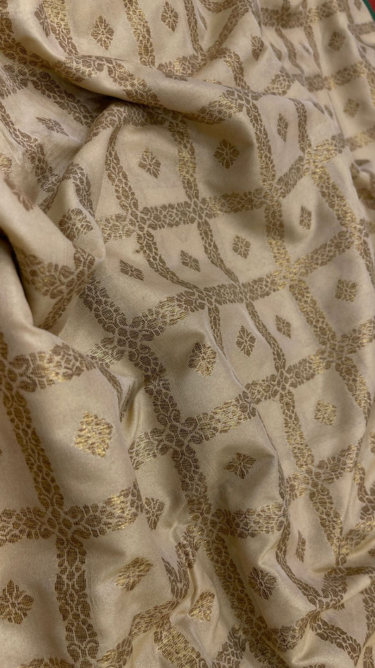 Faishana Presents Off-white Katan Silk Golden Zari Checkered Booti with Dual Shade Zari Border and Off-white Blouse